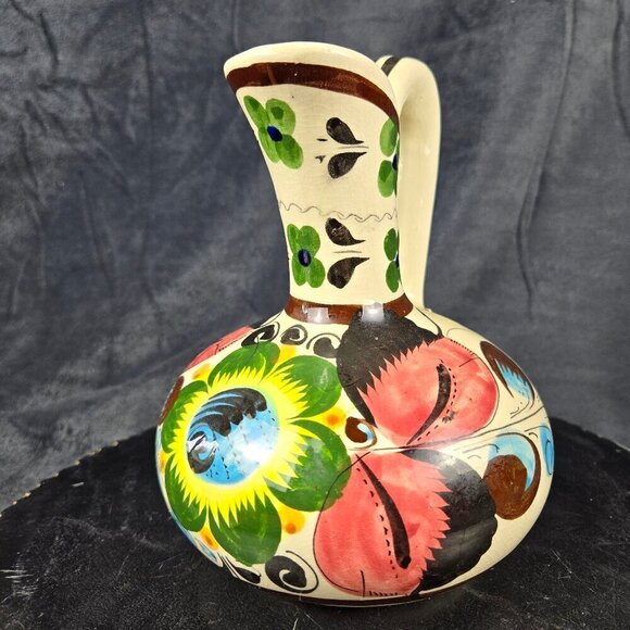 Handmade Floral Painted and Crackle Glazed Ceramic Pitcher Made in Mexico - Picture 1 of 16